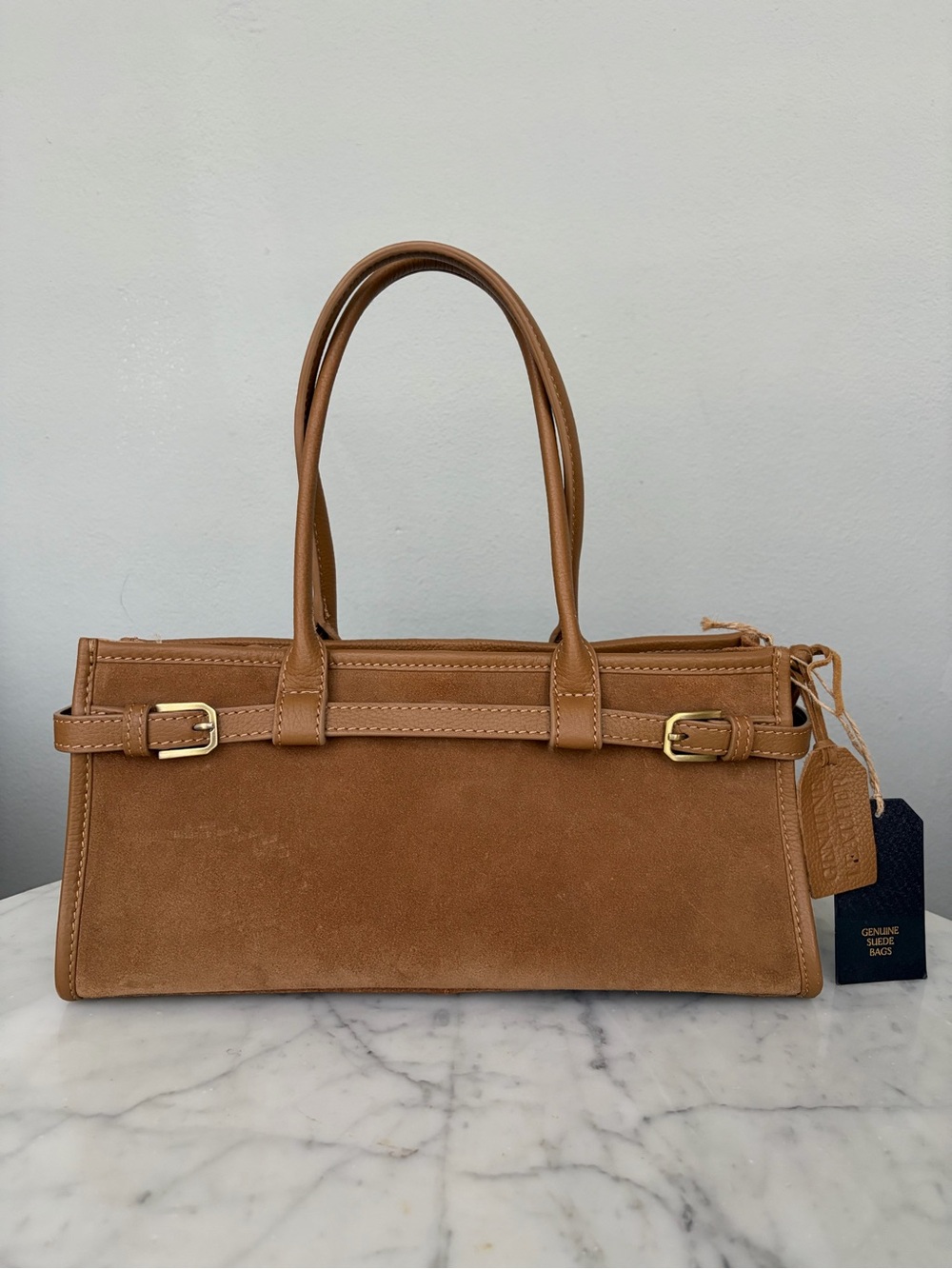 Classic Tan Suede Tote Bag with Gold Accents
